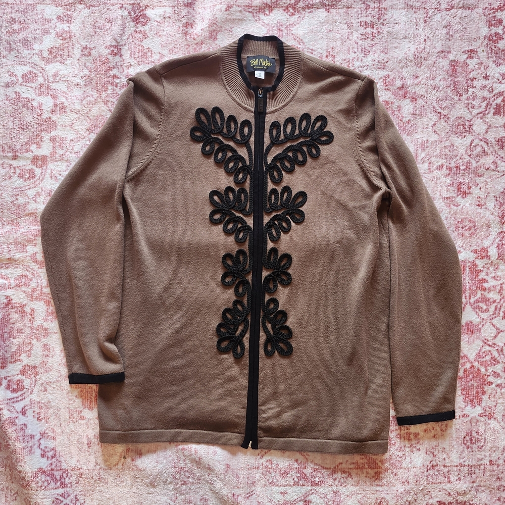Bob Mackie Wearable Art Brown Cardigan with Black Trim and Appliqué